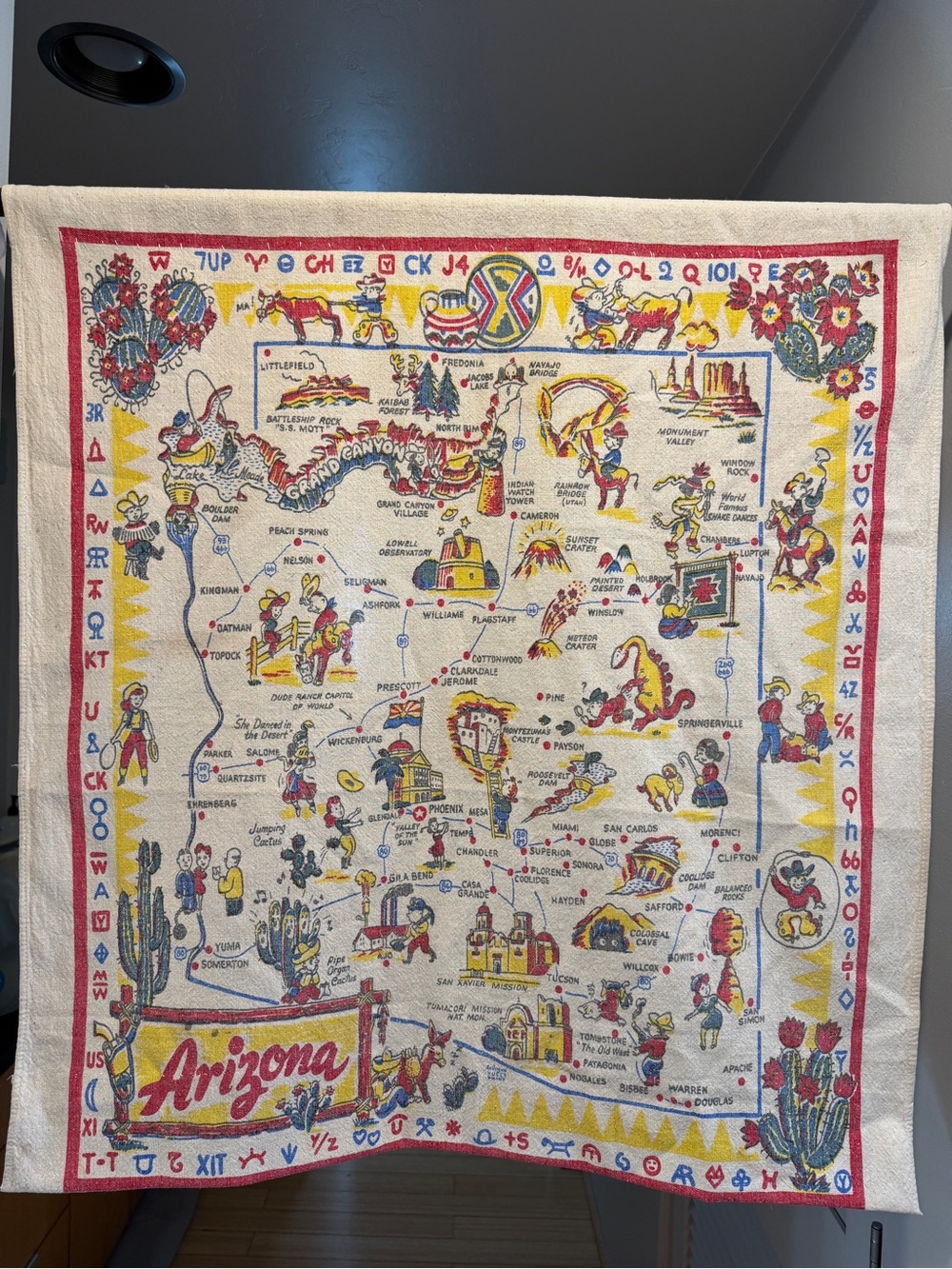 Vintage 1950s Arizona State Souvenir Map Wall Hanging